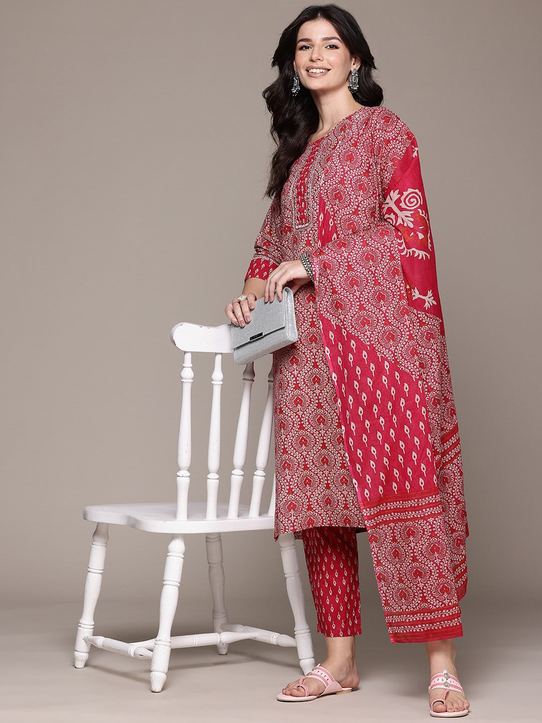 Straight Style Cotton Fabric Pink Color Kurta And Bottom With Dupatta