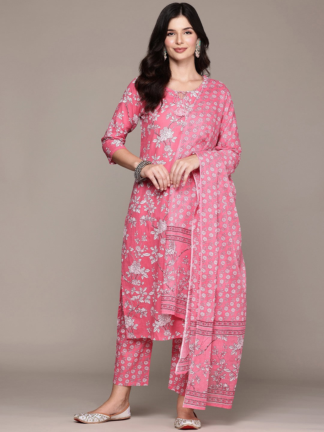 Straight Style Cotton Fabric Pink Color Kurta And Bottom With Dupatta