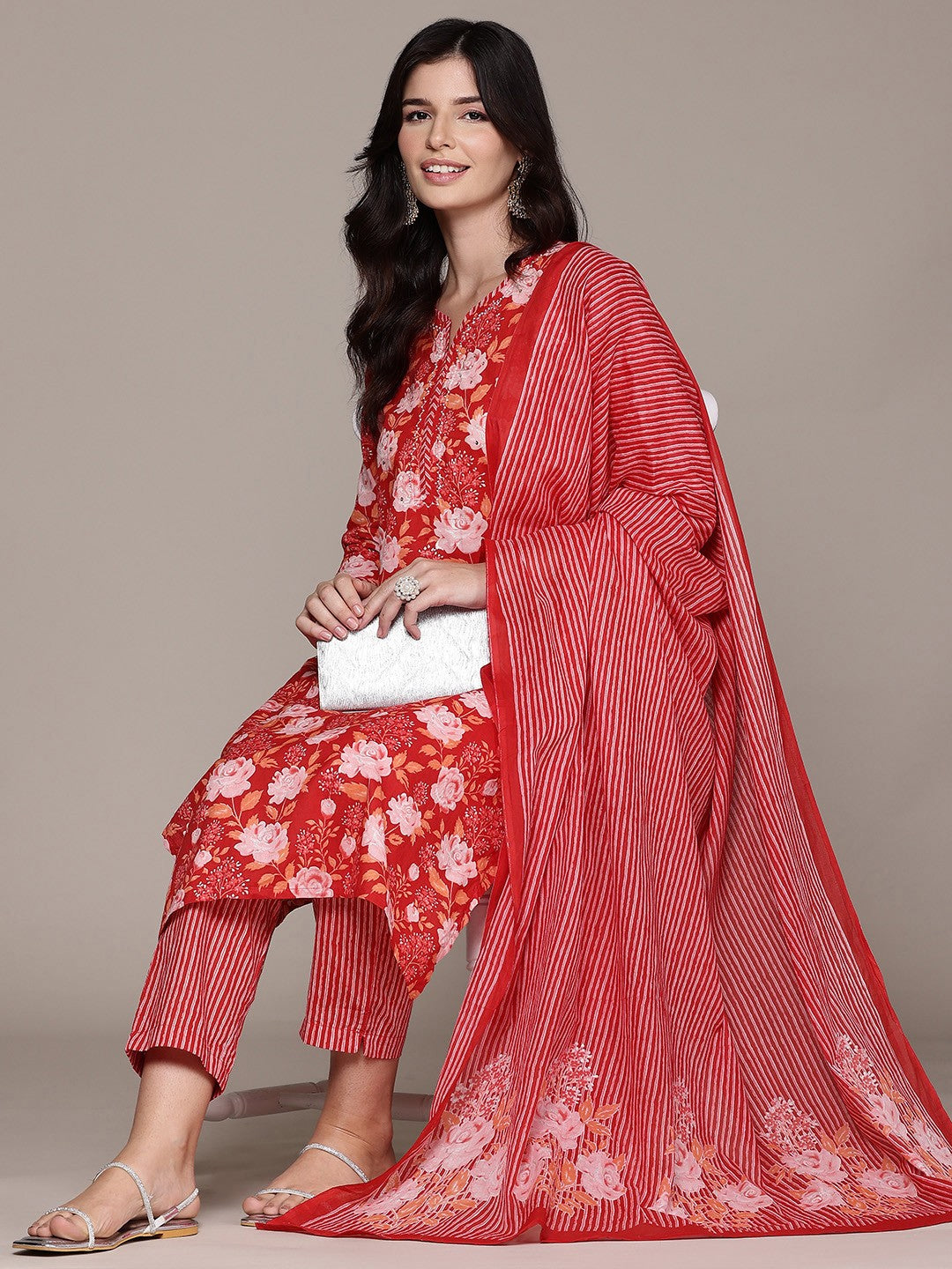 Straight Style Cotton Fabric Red Color Kurta And Bottom With Dupatta