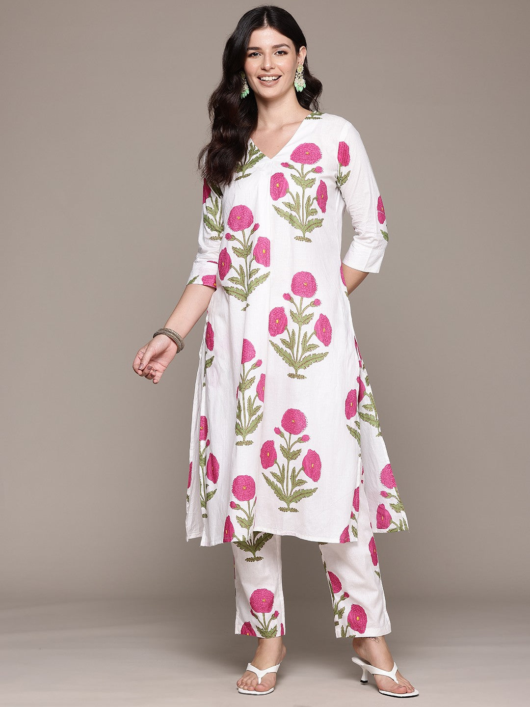 Straight Style Cotton Fabric White Color Kurta And Bottom