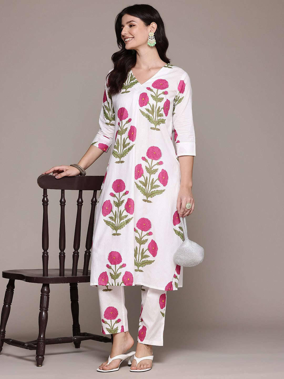 Straight Style Cotton Fabric White Color Kurta And Bottom