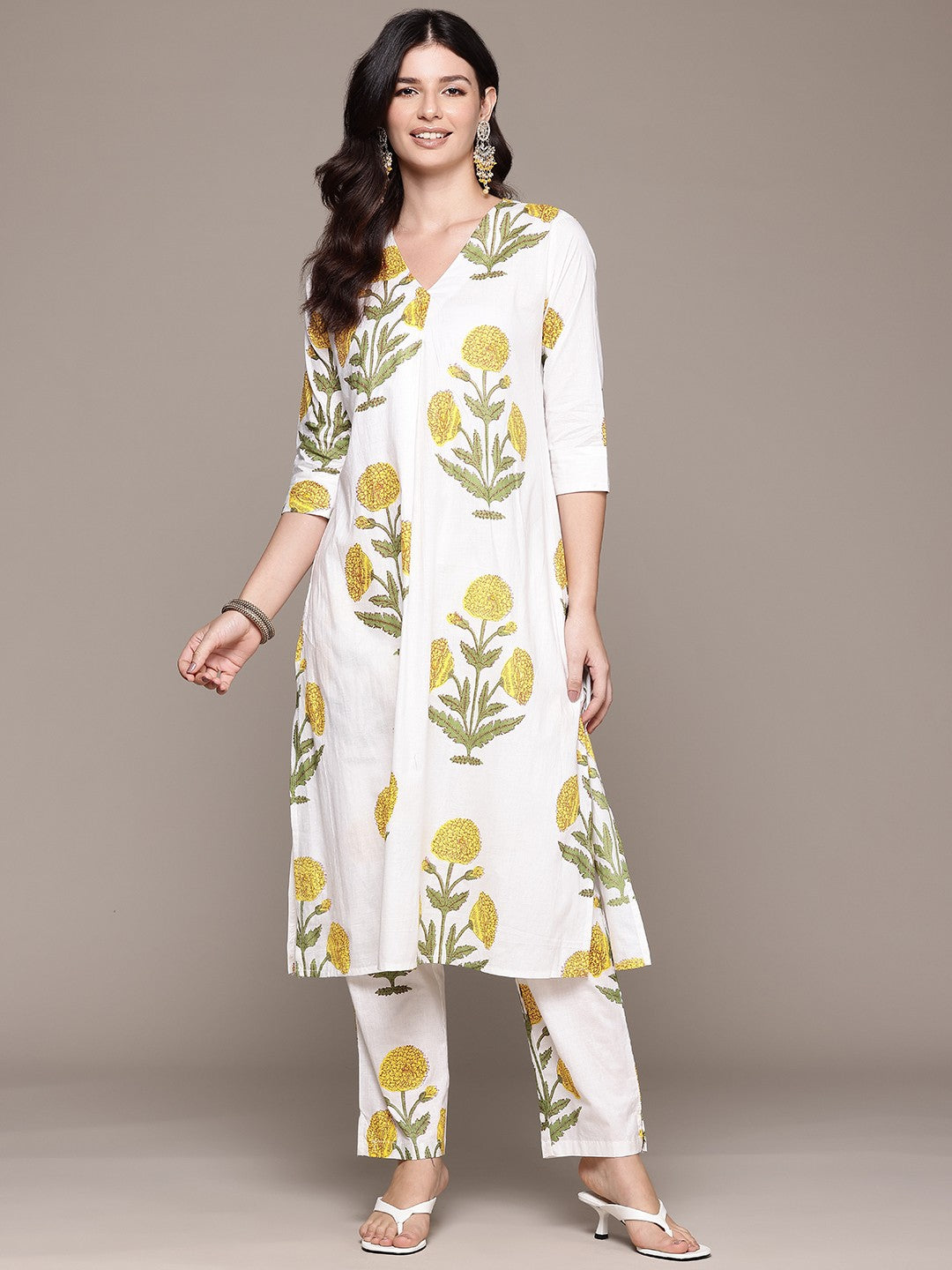 Straight Style Cotton Fabric White Color Kurta And Bottom