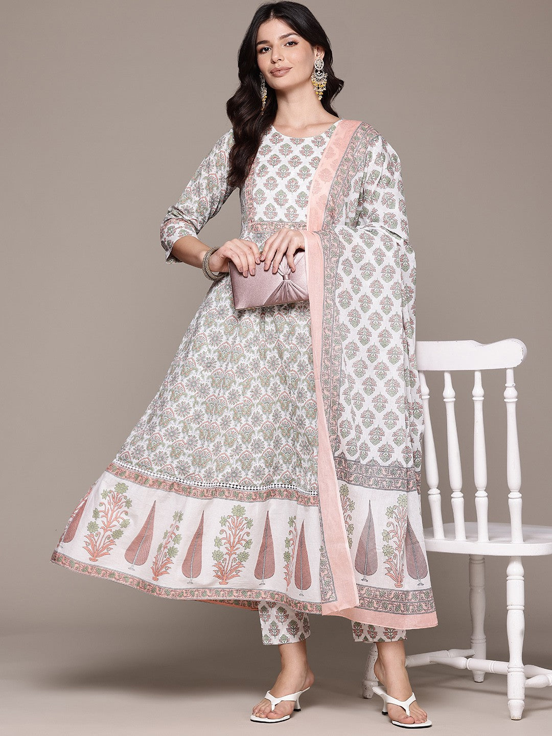 Anarkali Style Cotton Fabric Off White Color Kurta And Bottom With Dupatta