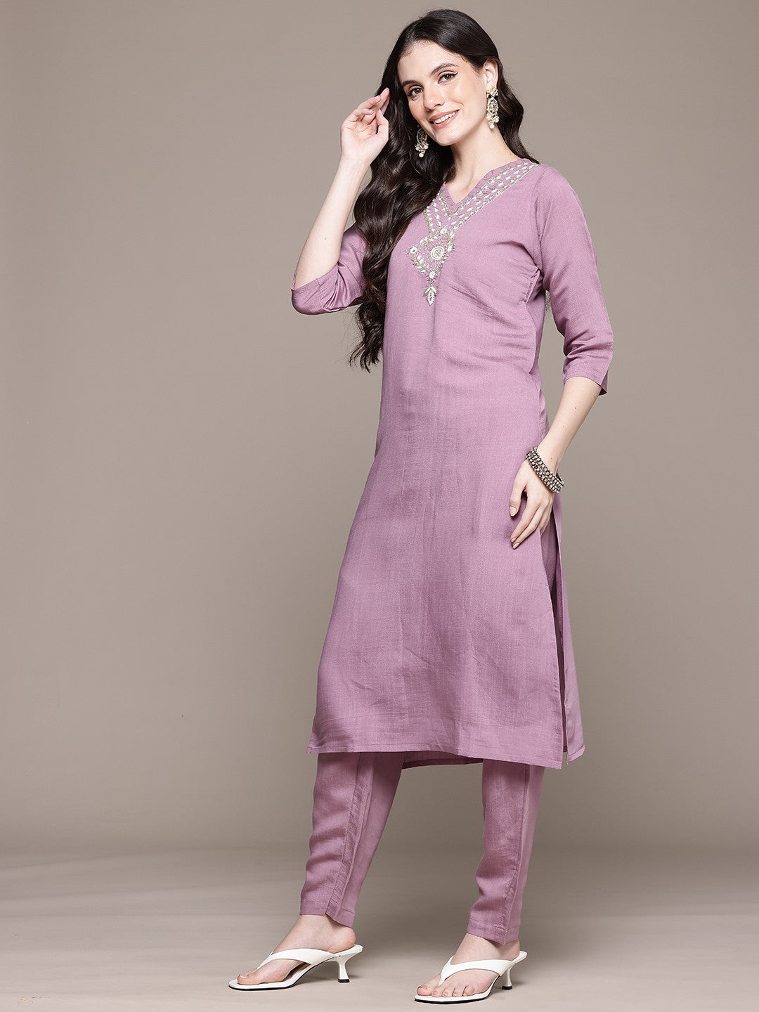 Straight Style Viscose Fabric Mauve Color Kurta And Bottom With Dupatta