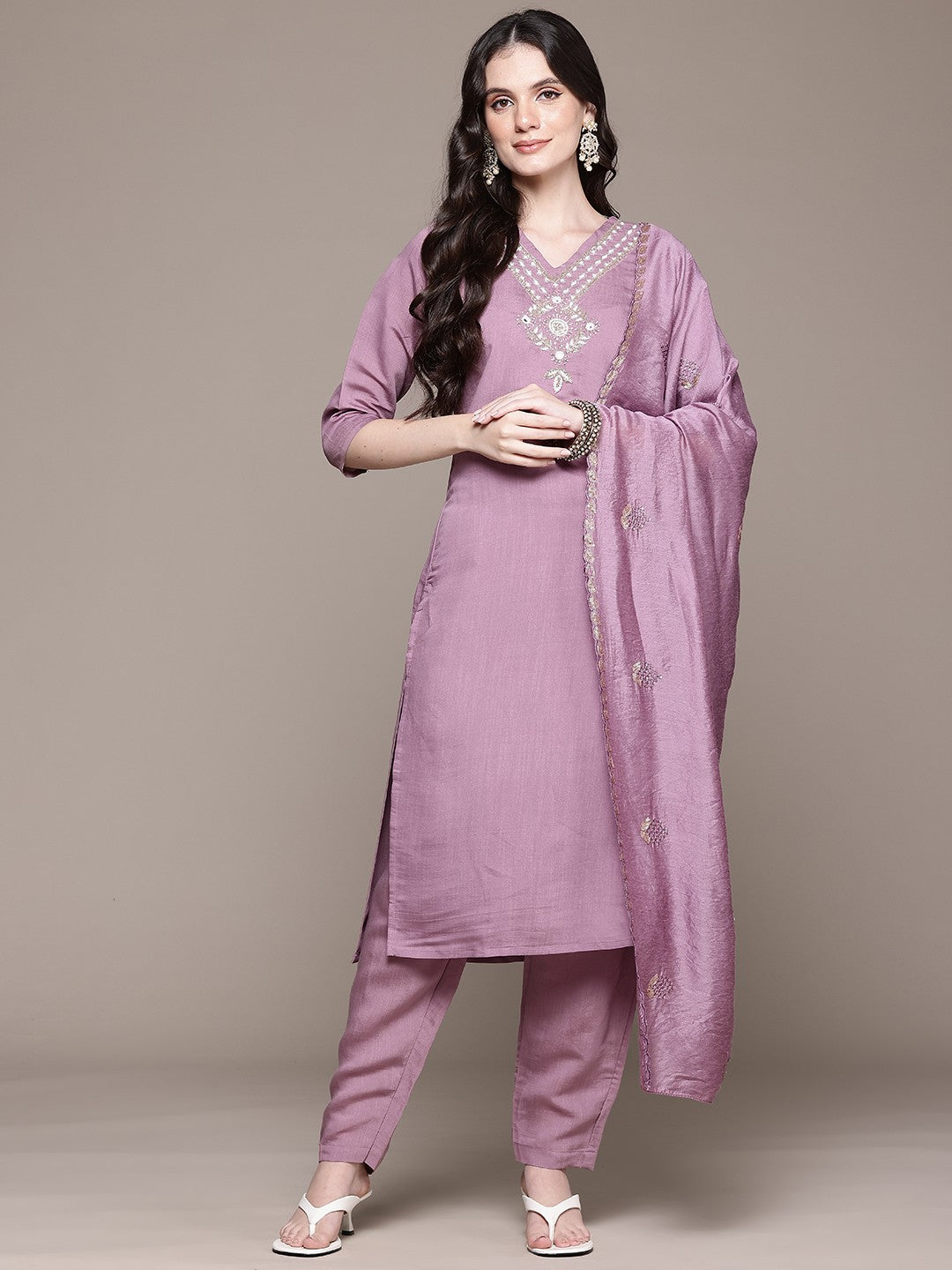 Straight Style Viscose Fabric Mauve Color Kurta And Bottom With Dupatta