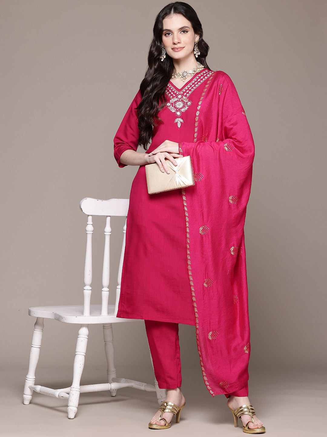 Straight Style Viscose Fabric Magenta Color Kurta And Bottom With Dupatta