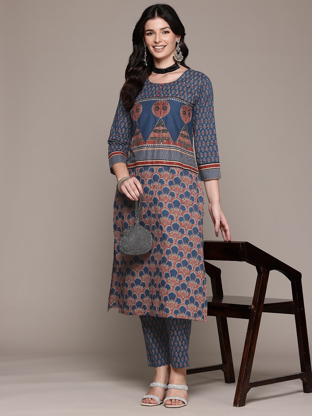 Straight Style Cotton Fabric Blue Color Kurta And Bottom