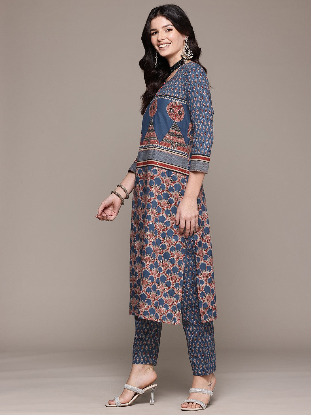 Straight Style Cotton Fabric Blue Color Kurta And Bottom