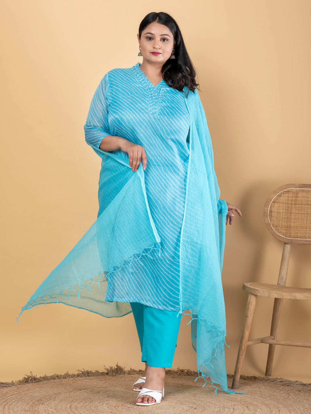 Straight Style Kota Doria Fabric Blue Color Kurta And Bottom With Dupatta