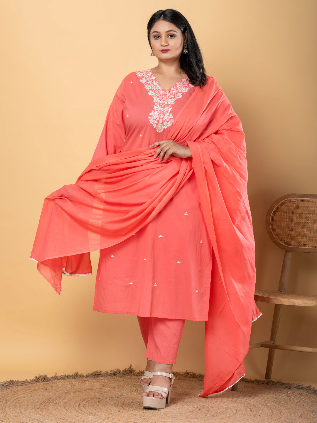 Straight Style Cotton Fabric Peach Color Kurta And Bottom With Dupatta