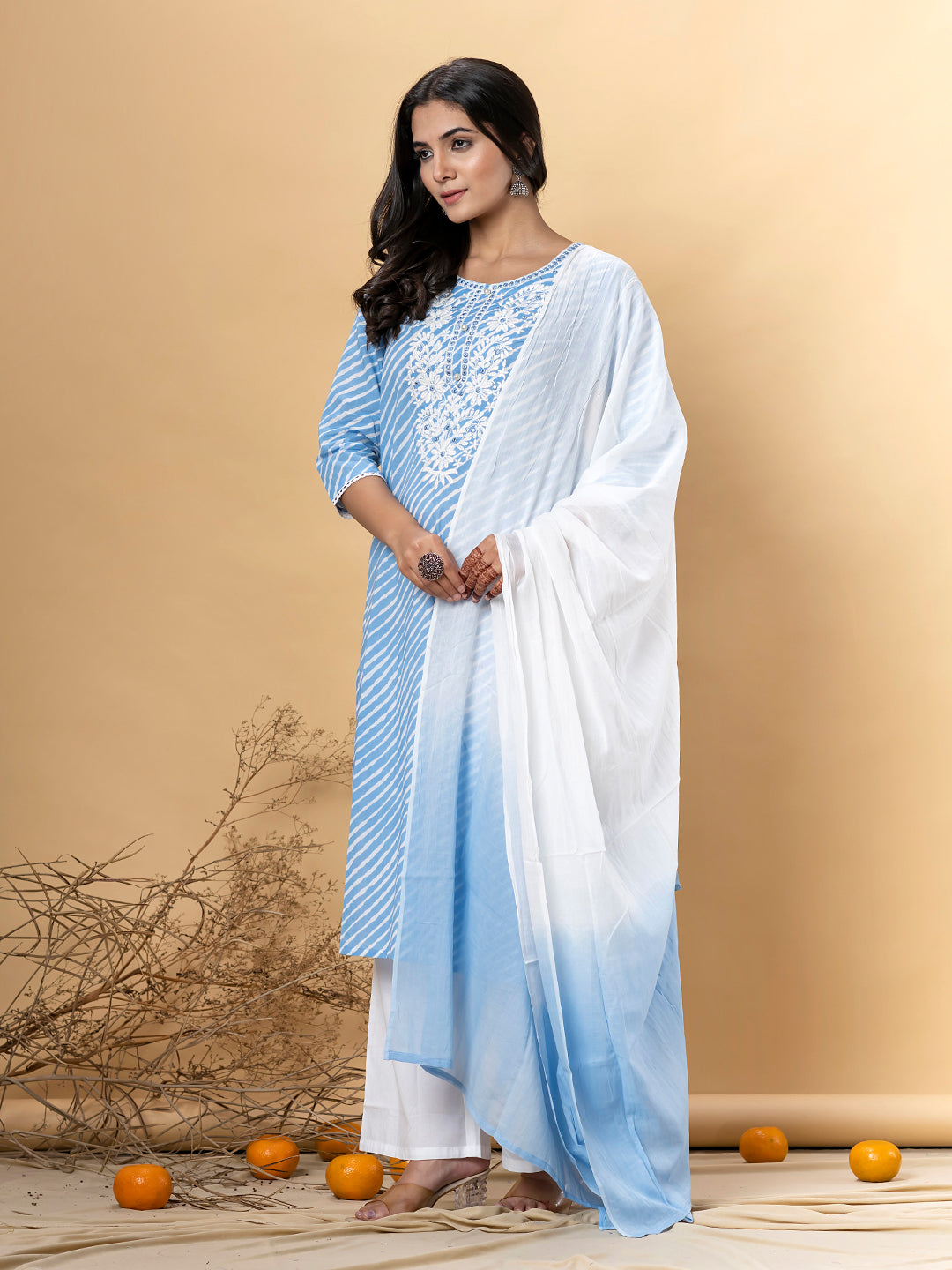 Straight Style Cotton Fabric Blue Color Kurta And Bottom With Dupatta