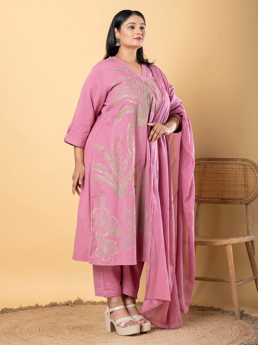 Anarkali Style Cotton Flex Fabric Mauve Color Kurta And Bottom With Dupatta