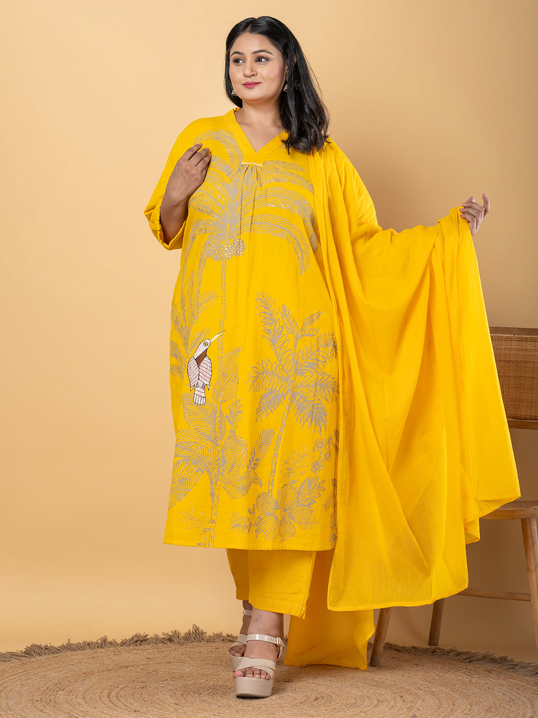 Anarkali Style Cotton Flex Fabric Yellow Color Kurta And Bottom With Dupatta