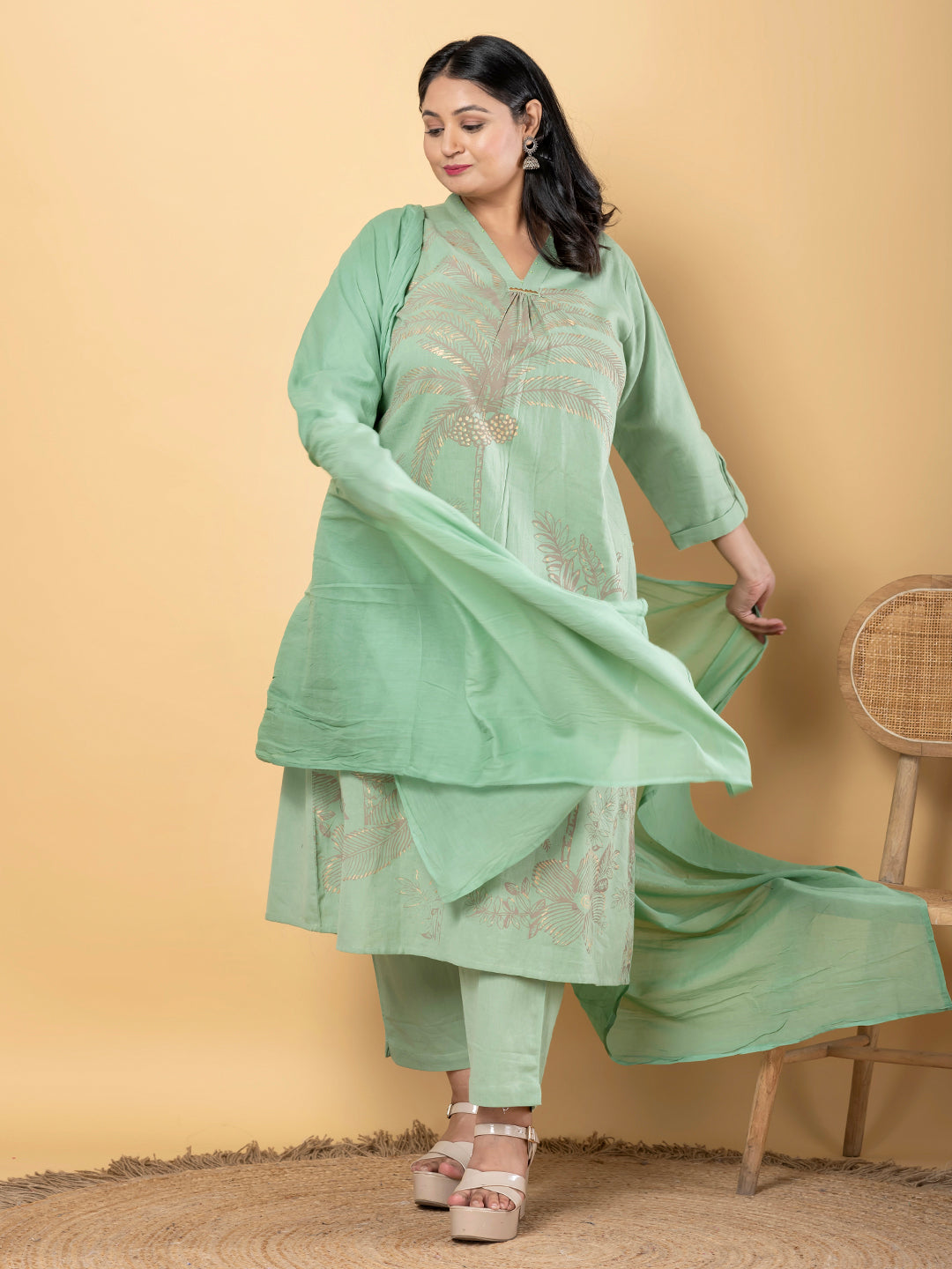 Anarkali Style Cotton Flex Fabric Green Color Kurta And Bottom With Dupatta