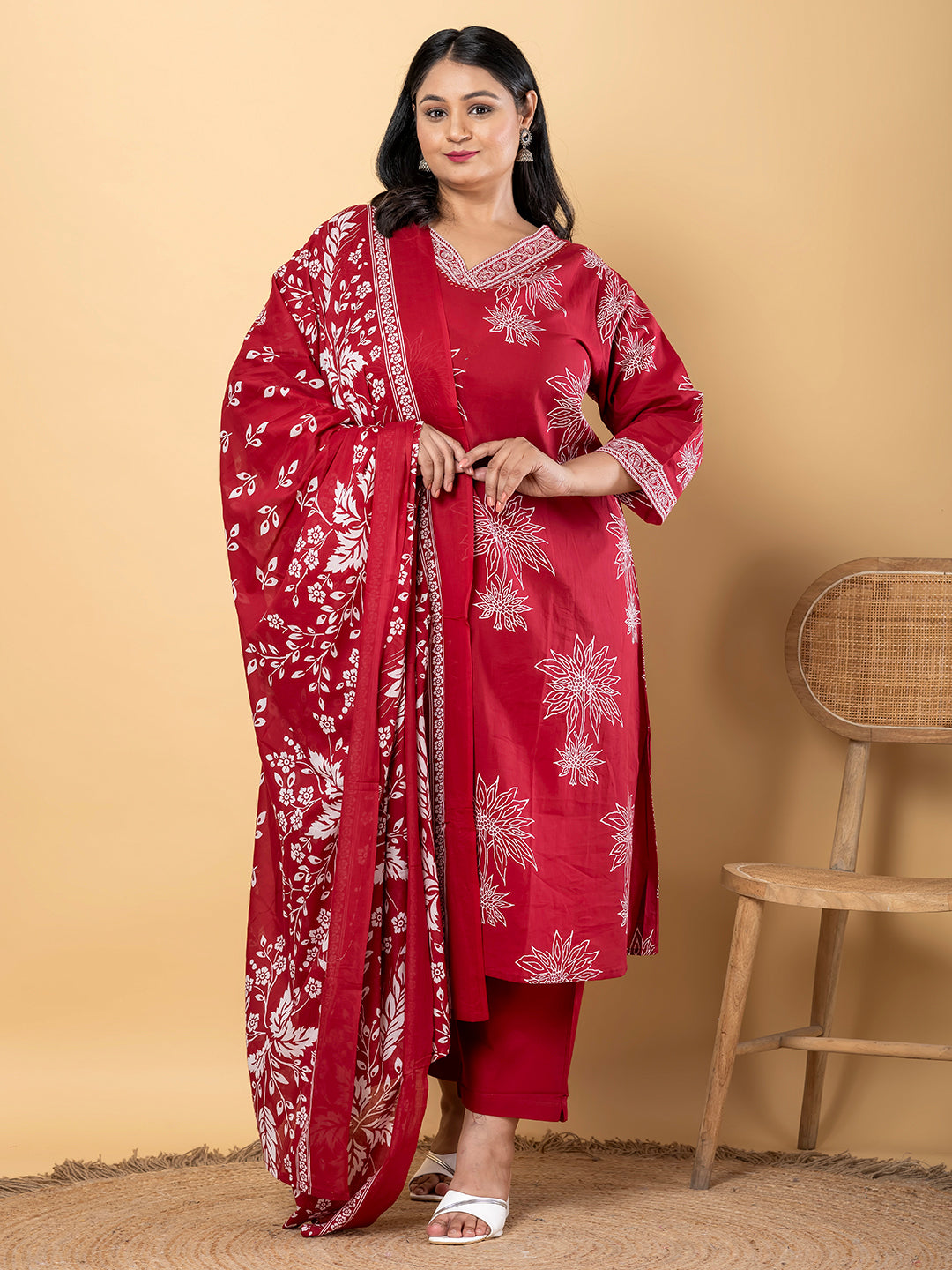 Anarkali Style Cotton Fabric Maroon Color Kurta And Bottom With Dupatta