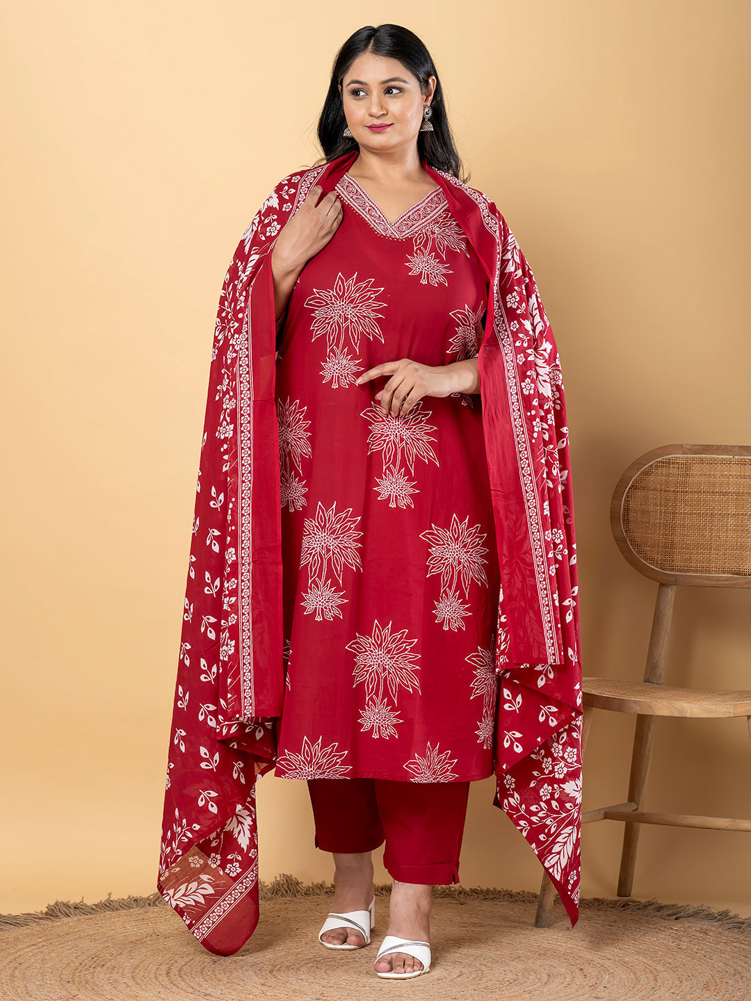 Anarkali Style Cotton Fabric Maroon Color Kurta And Bottom With Dupatta