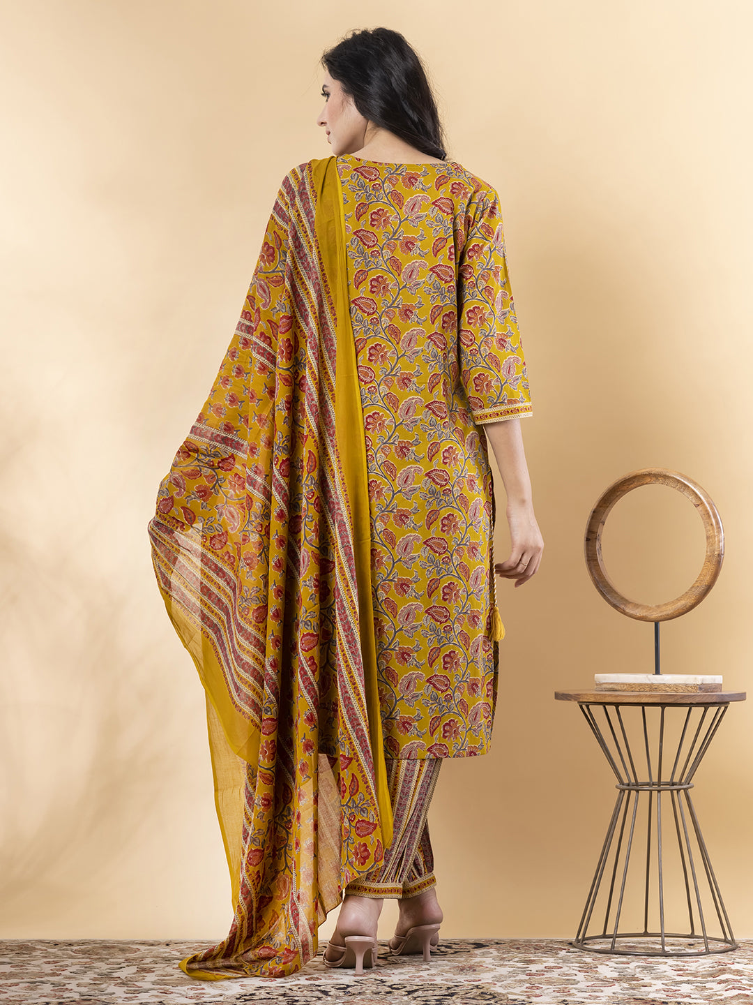 Straight Style Cotton Fabric Yellow Color Kurta And Bottom With Dupatta