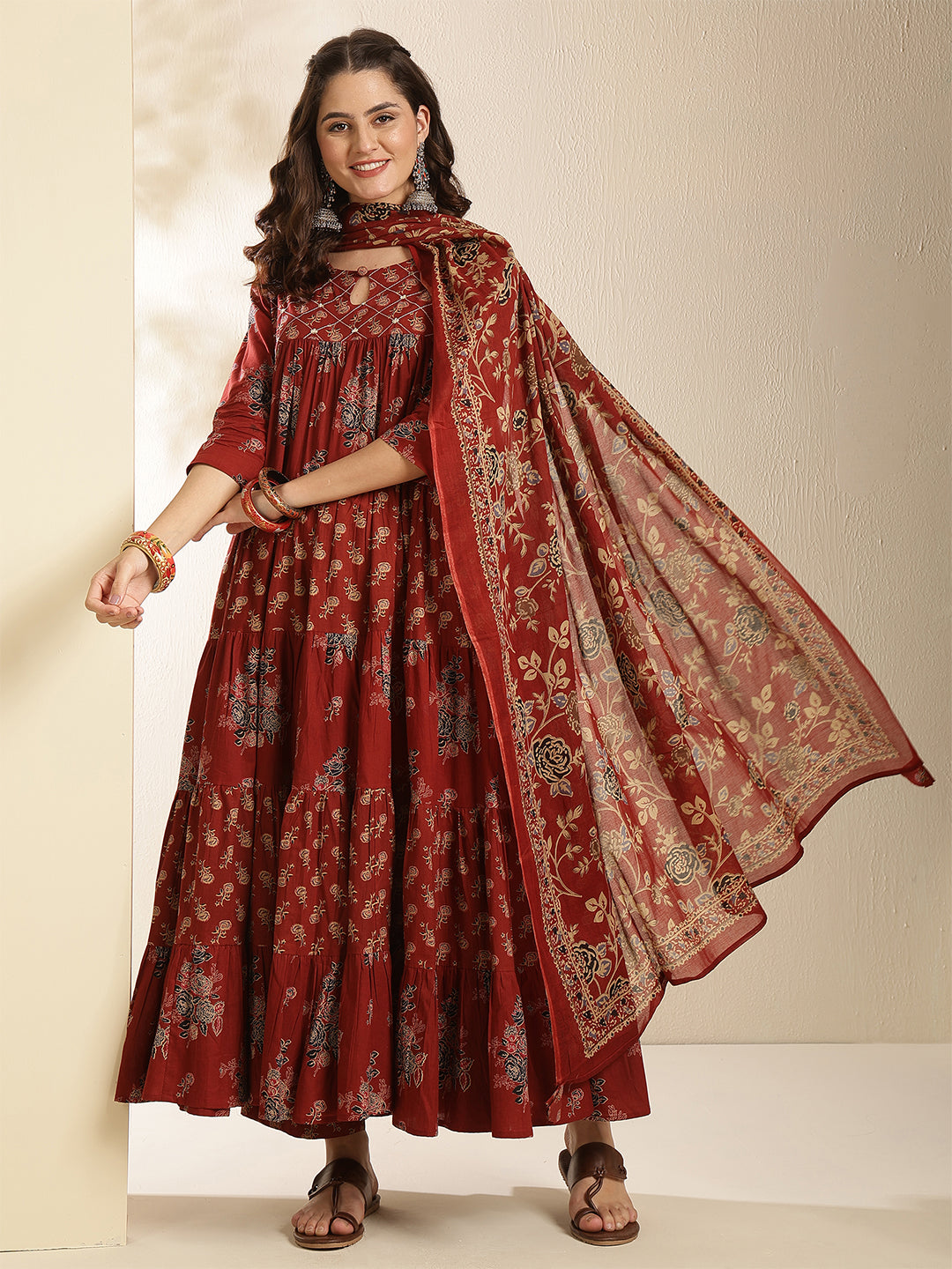 Cotton Calf Length Printed 3/4 Sleeve Key Hole Neck Tired Kurta Bottom With Dupatta