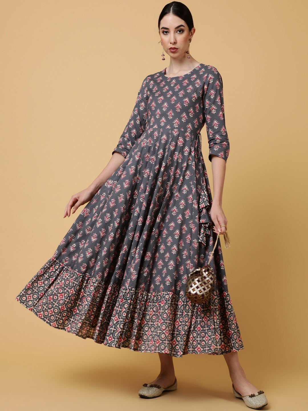 Cotton Calf Length Printed Flared 3/4 Sleeves Round Kurta