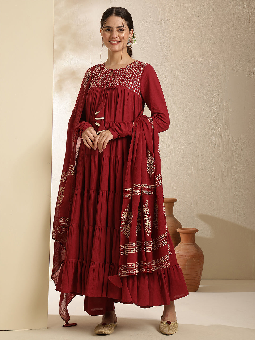Cotton Calf Length Printed Full Sleeve Key Hole Neck Tired Kurta Bottom With Dupatta (Preorder)