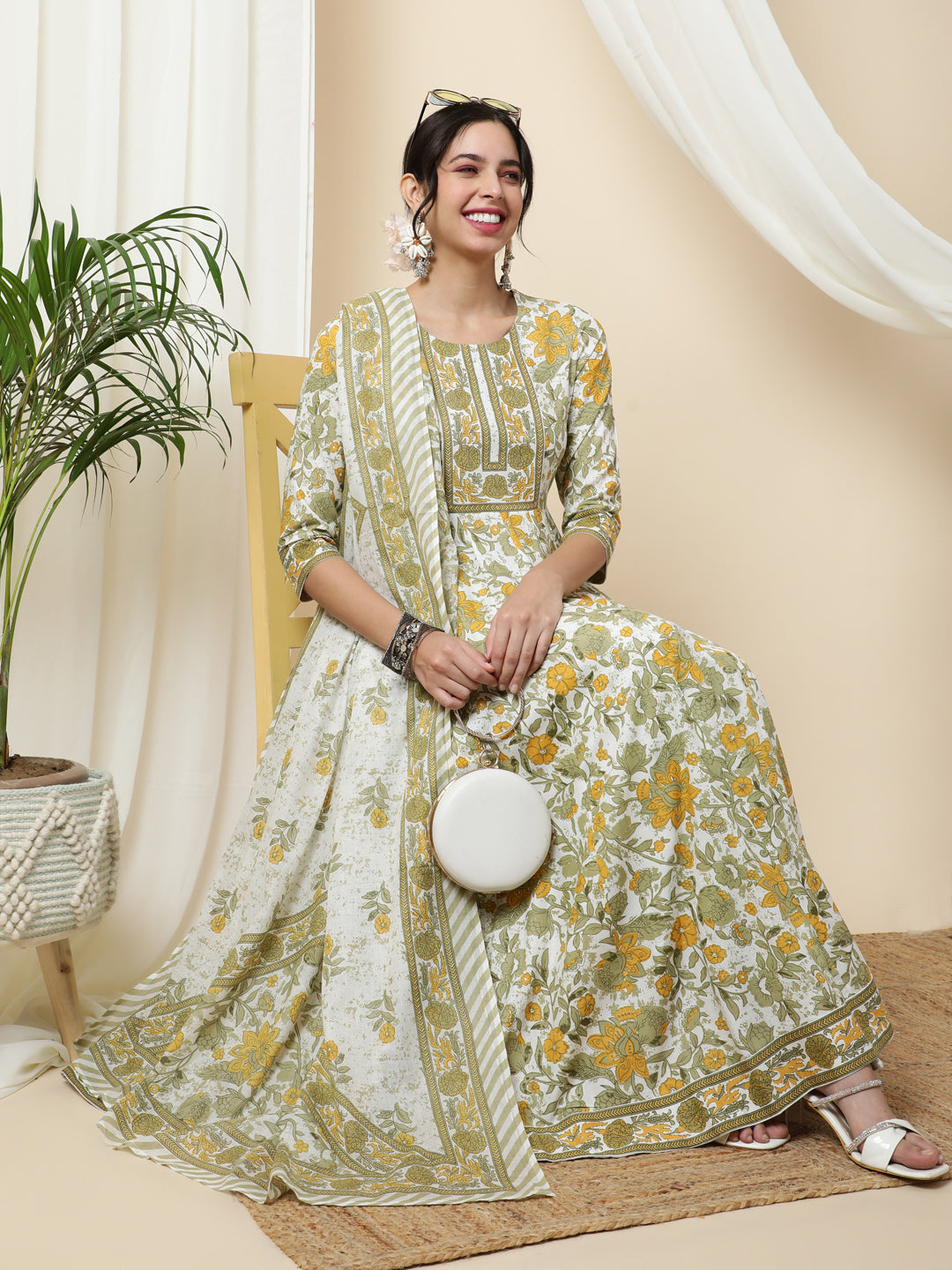 Cotton Calf Length Printed Flared 3/4 Sleeves Round Kurta Bottom Dupatta Set
