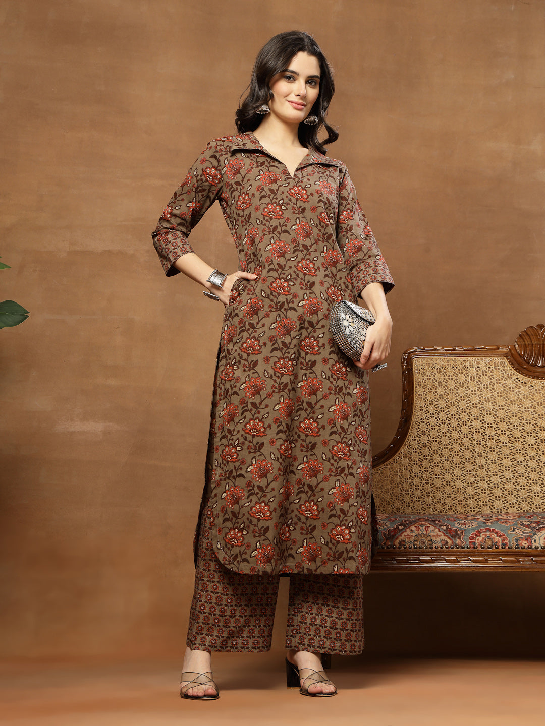 Straight Printed Cotton Shirt Collar Kurta Set