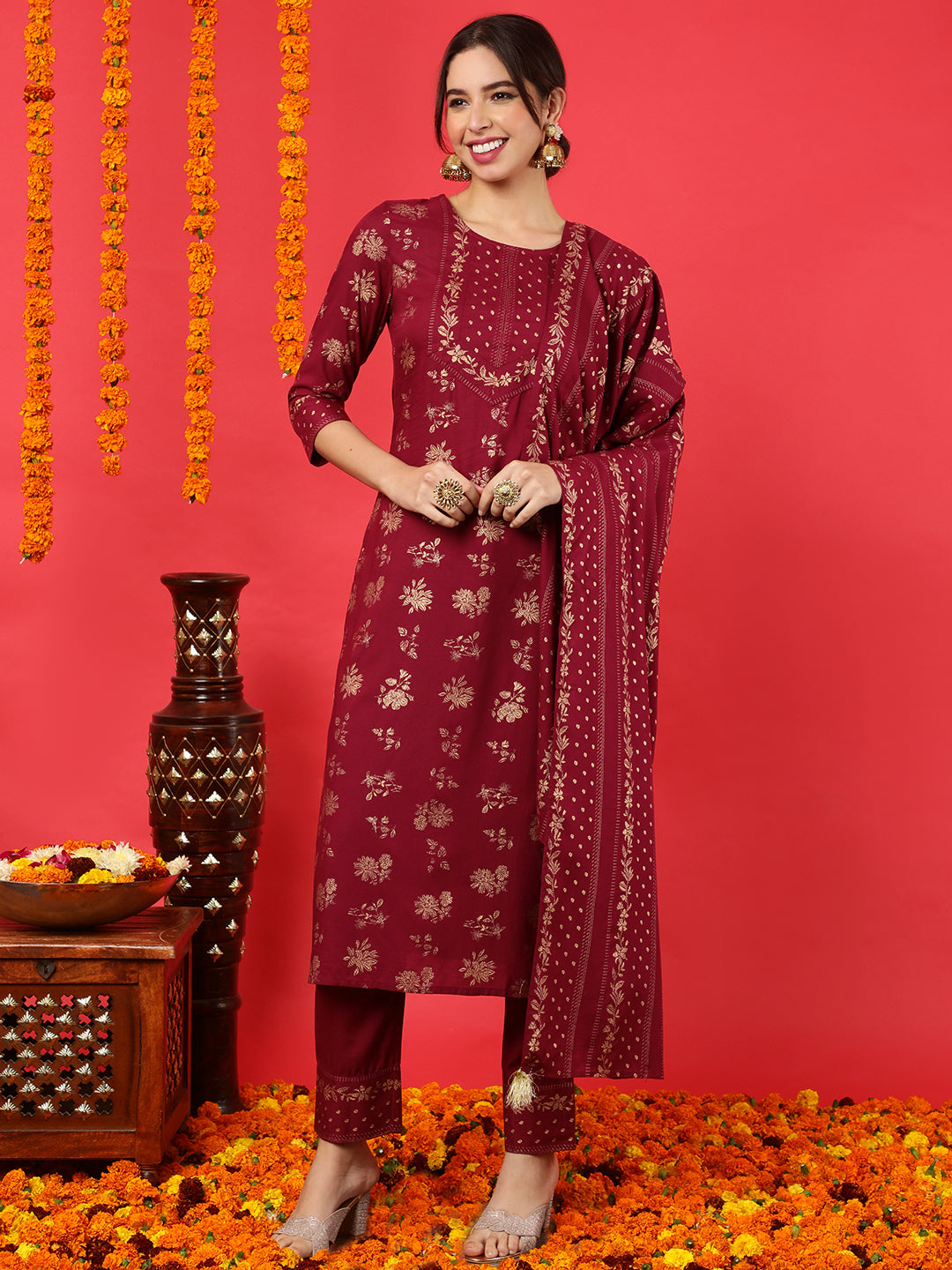 Rayon Calf Length Printed Straight 3/4 Sleeves Round Neck Kurta Bottom Dupatta Set