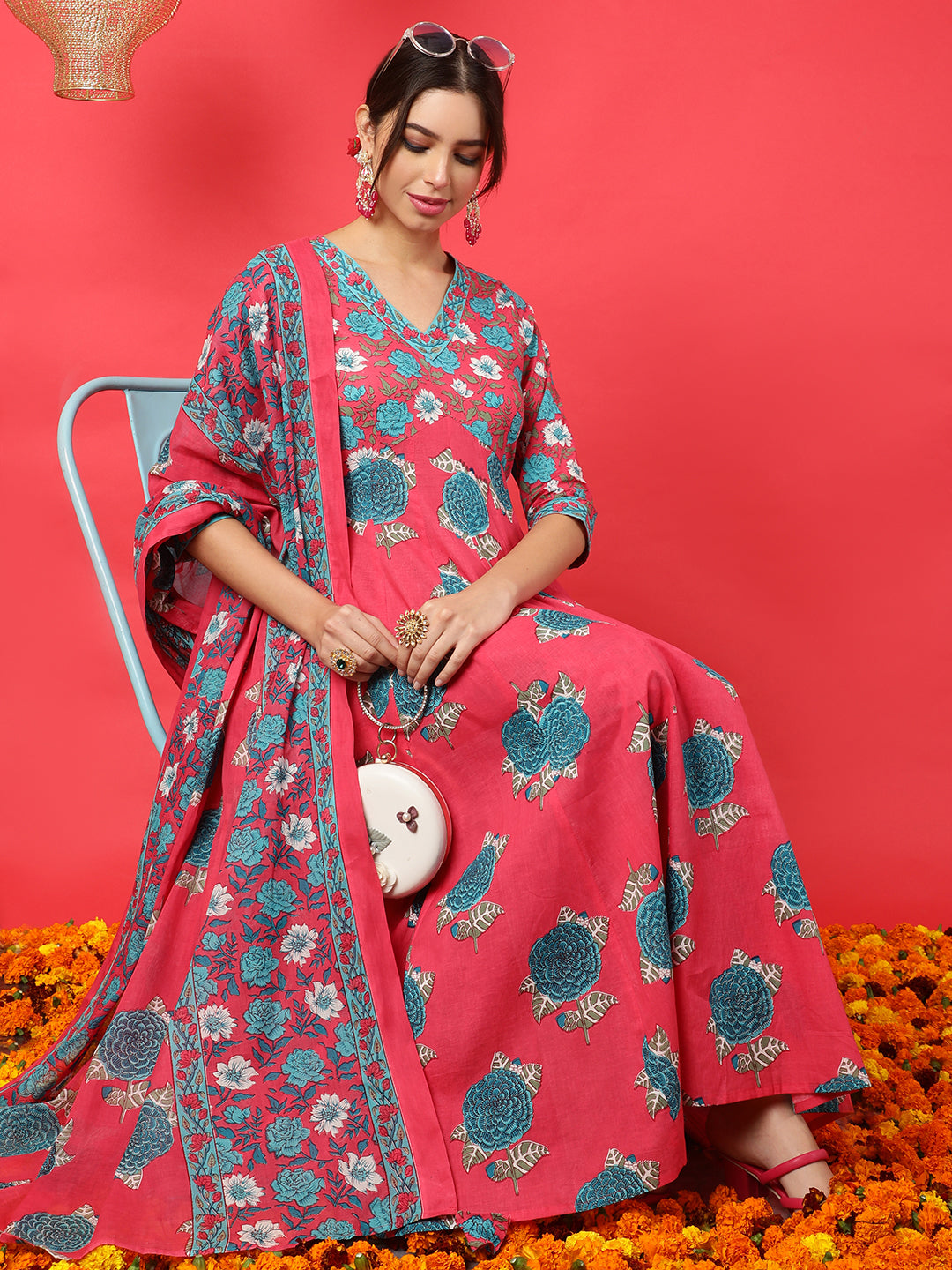 Cotton  Calf Length Printed Flared 3/4 Sleeves V-Neck Kurta Bottom Dupatta Set