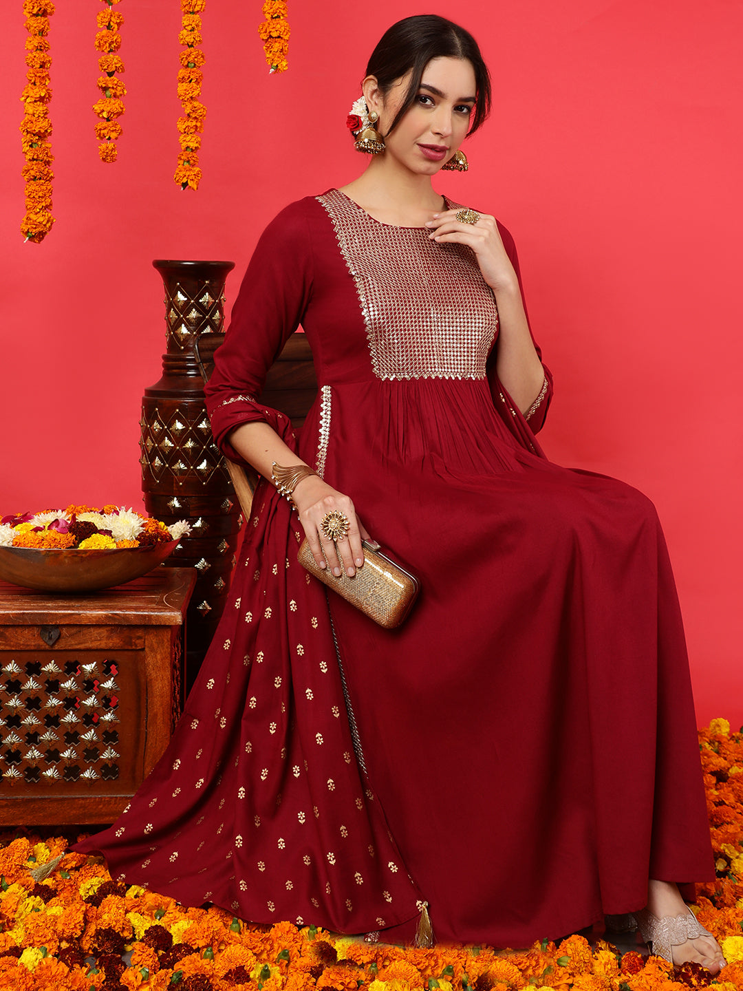 Rayon Calf Length Solid Flared 3/4 Sleeves Round Neck Kurta Bottom Dupatta Set