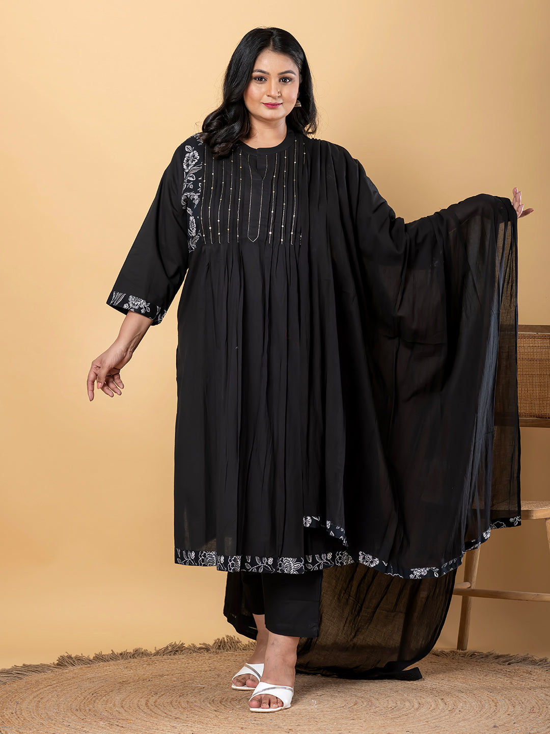 Straight Style Cotton Fabric Black Color Kurta And Bottom With Dupatta