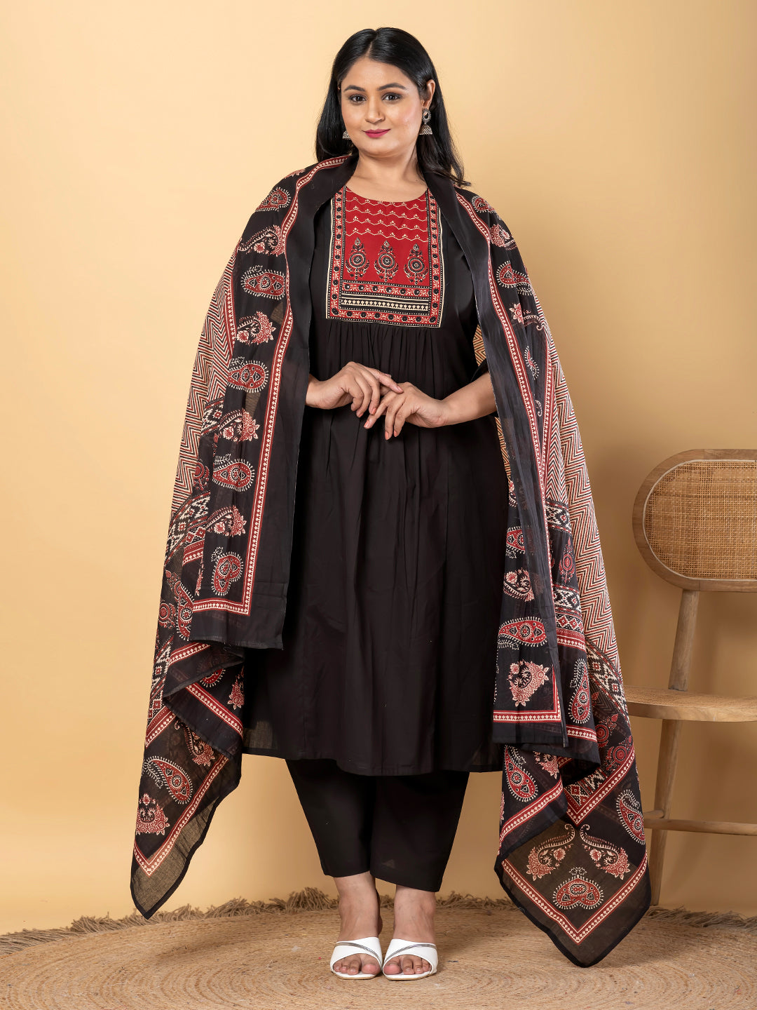 A-Line Style Cotton Fabric Black Color Kurta And Bottom With Dupatta