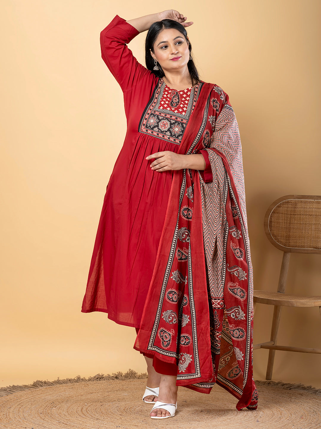 A Line Style Cotton Fabric Maroon Color Kurta And Bottom With Dupatta