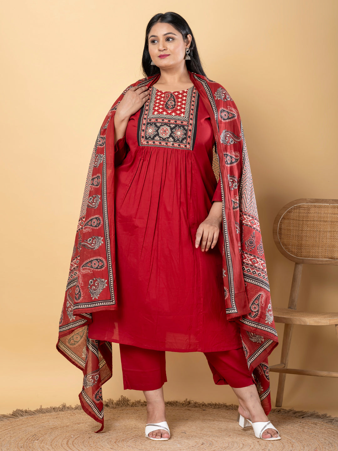 A Line Style Cotton Fabric Maroon Color Kurta And Bottom With Dupatta