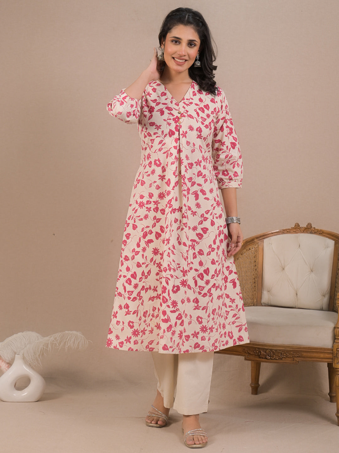 A Line Style Cotton Flex Fabric Pink Color Kurta With Bottom