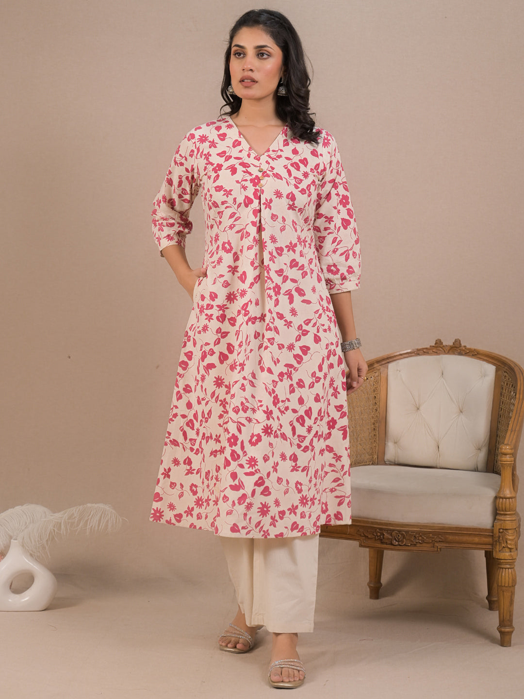 A Line Style Cotton Flex Fabric Pink Color Kurta With Bottom
