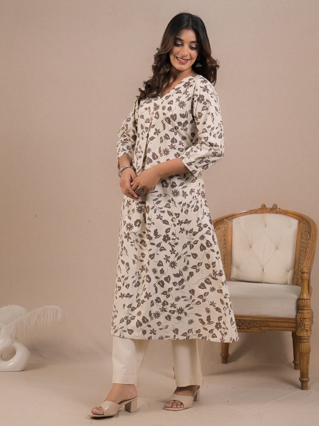 A Line Style Cotton Flex Fabric Off White Color Kurta With Bottom