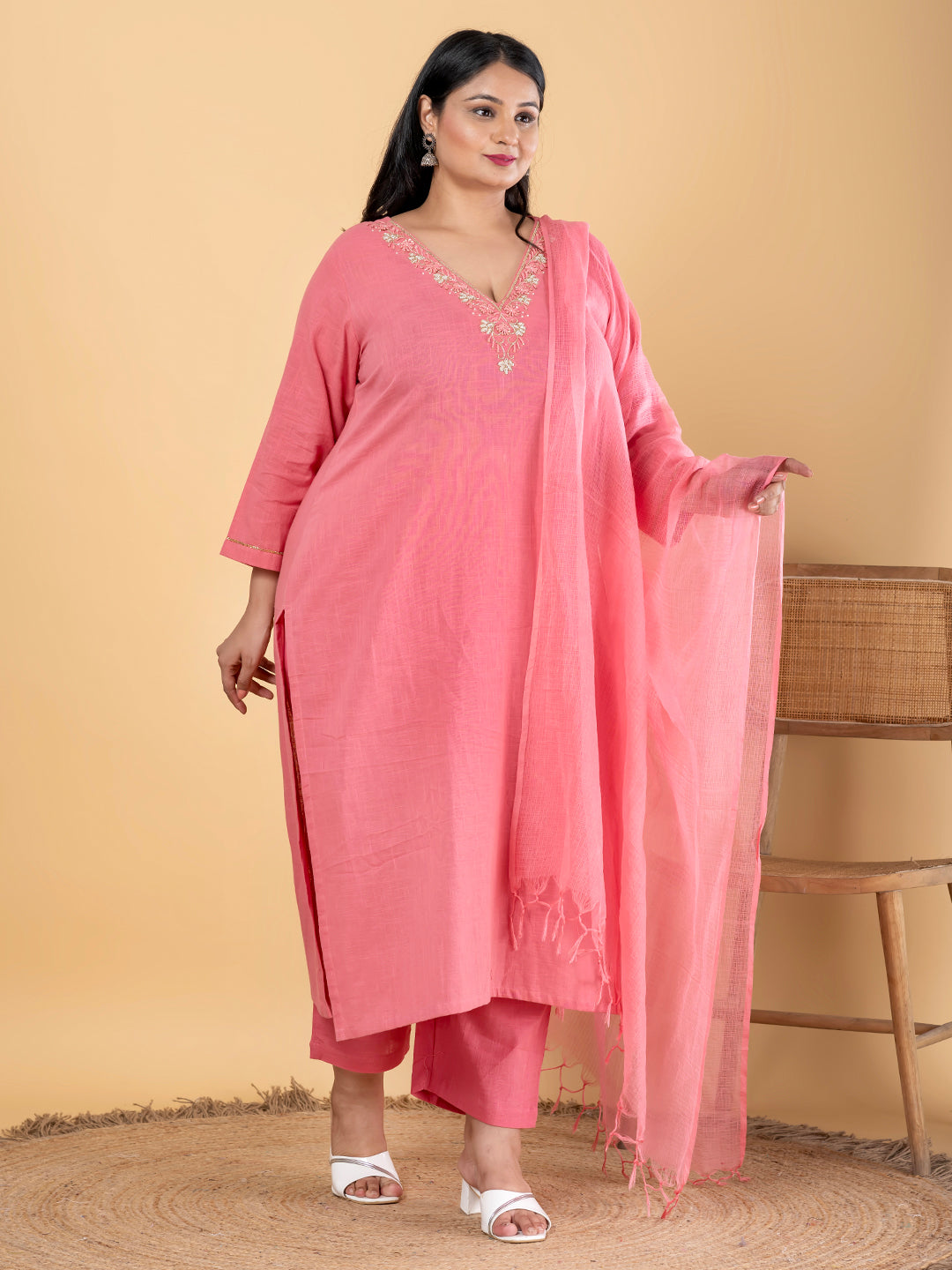Straight Style Cotton Flex Fabric Peach Color Kurta And Bottom With Dupatta