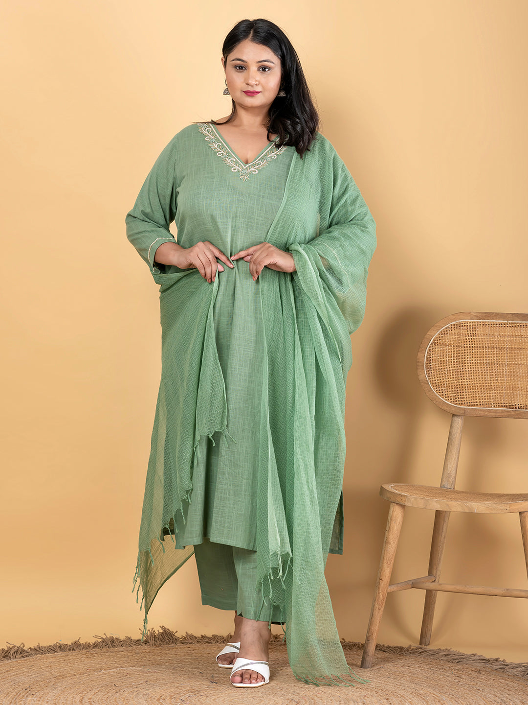 Straight Style Cotton Flex Fabric Green Color Kurta And Bottom With Dupatta