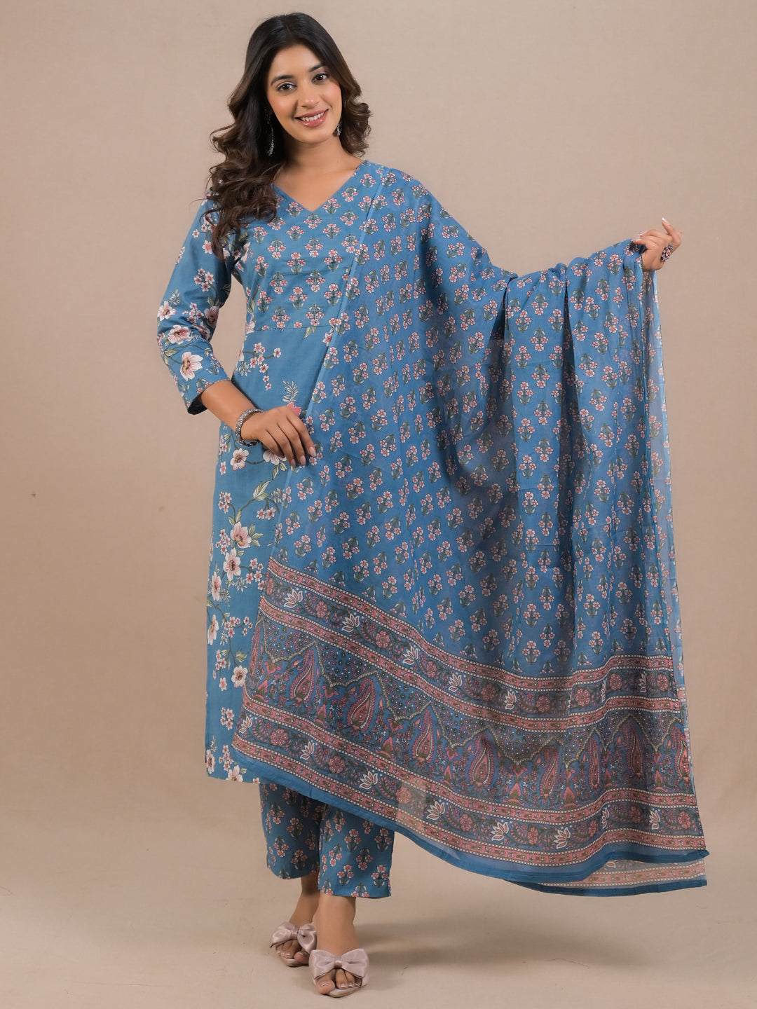Straight Style Cotton Fabric Blue Color Kurta And Bottom With Dupatta