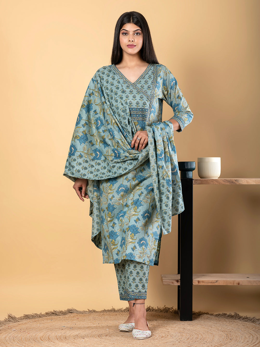 Straight Style Cotton Fabric Blue Color Kurta And Bottom With Dupatta