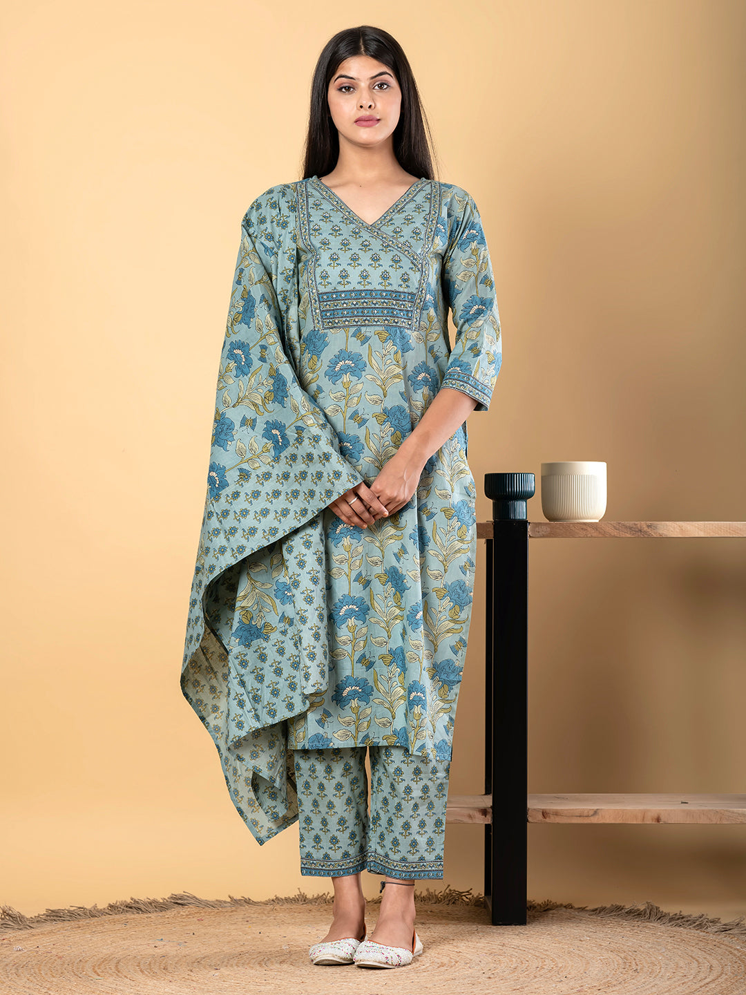 Straight Style Cotton Fabric Blue Color Kurta And Bottom With Dupatta
