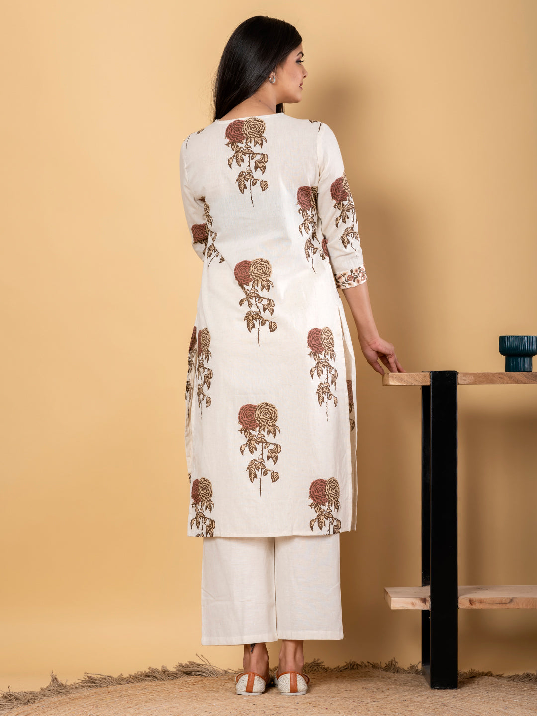 Straight Style Cotton Flex Fabric Off White Color Kurta With Bottom