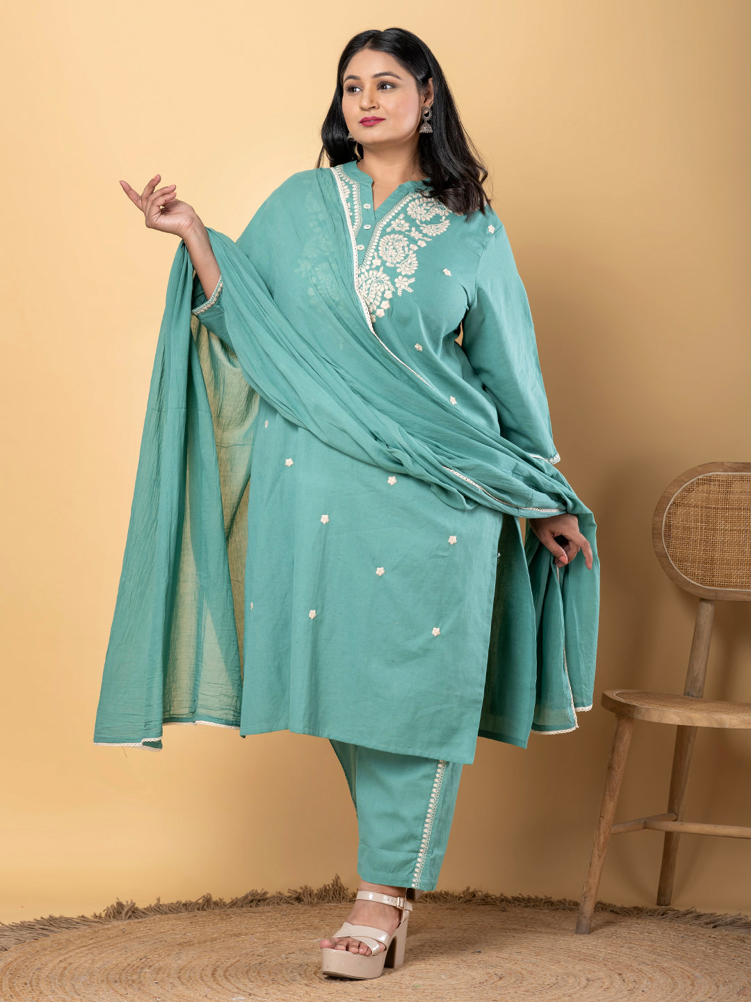 Straight Style Cotton Flex Fabric Green Color Kurta And Bottom With Dupatta