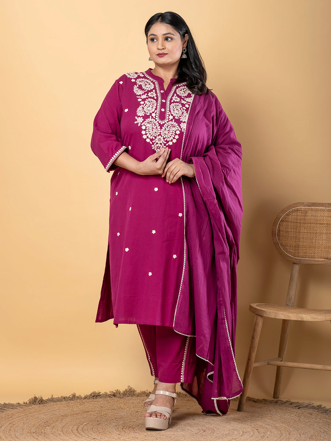 Straight Style Cotton Flex Fabric Magenta Color Kurta And Bottom With Dupatta