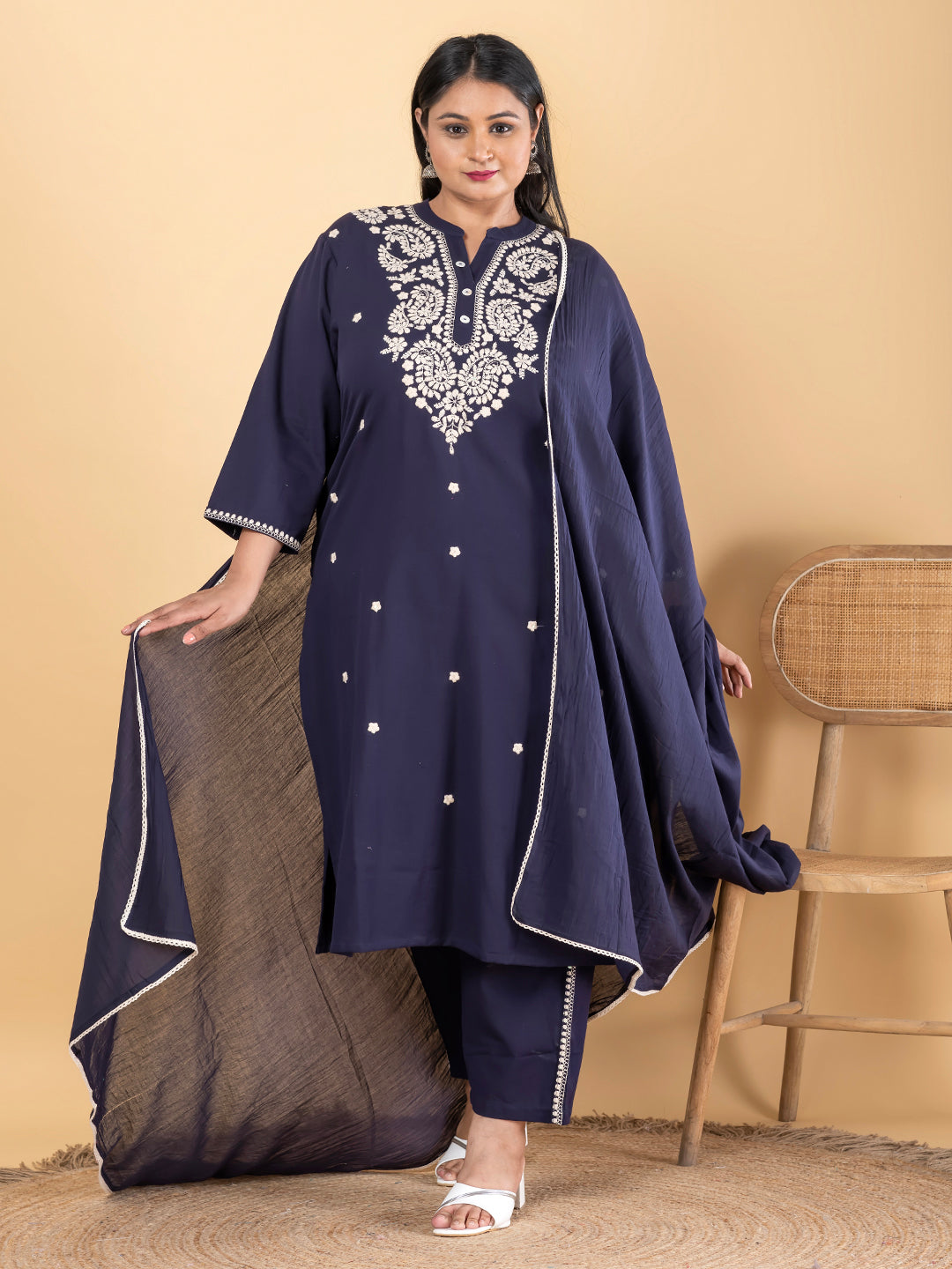 Straight Style Cotton Flex Fabric Blue Color Kurta And Bottom With Dupatta