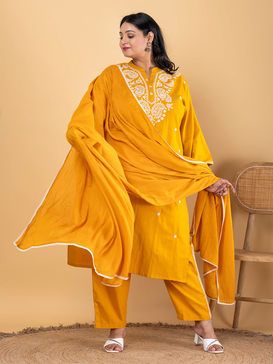 Straight Style Cotton Flex Fabric Mustard Color Kurta And Bottom With Dupatta