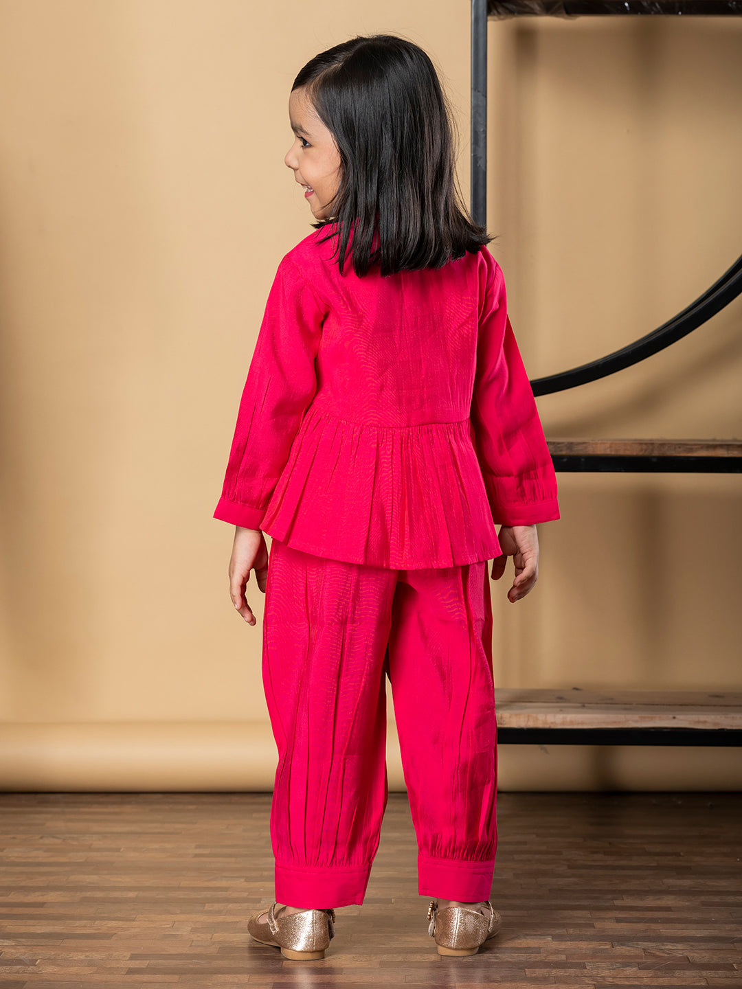 Girls Peplum Style Roman Silk Fabric Pink Color Kurti With Patiala