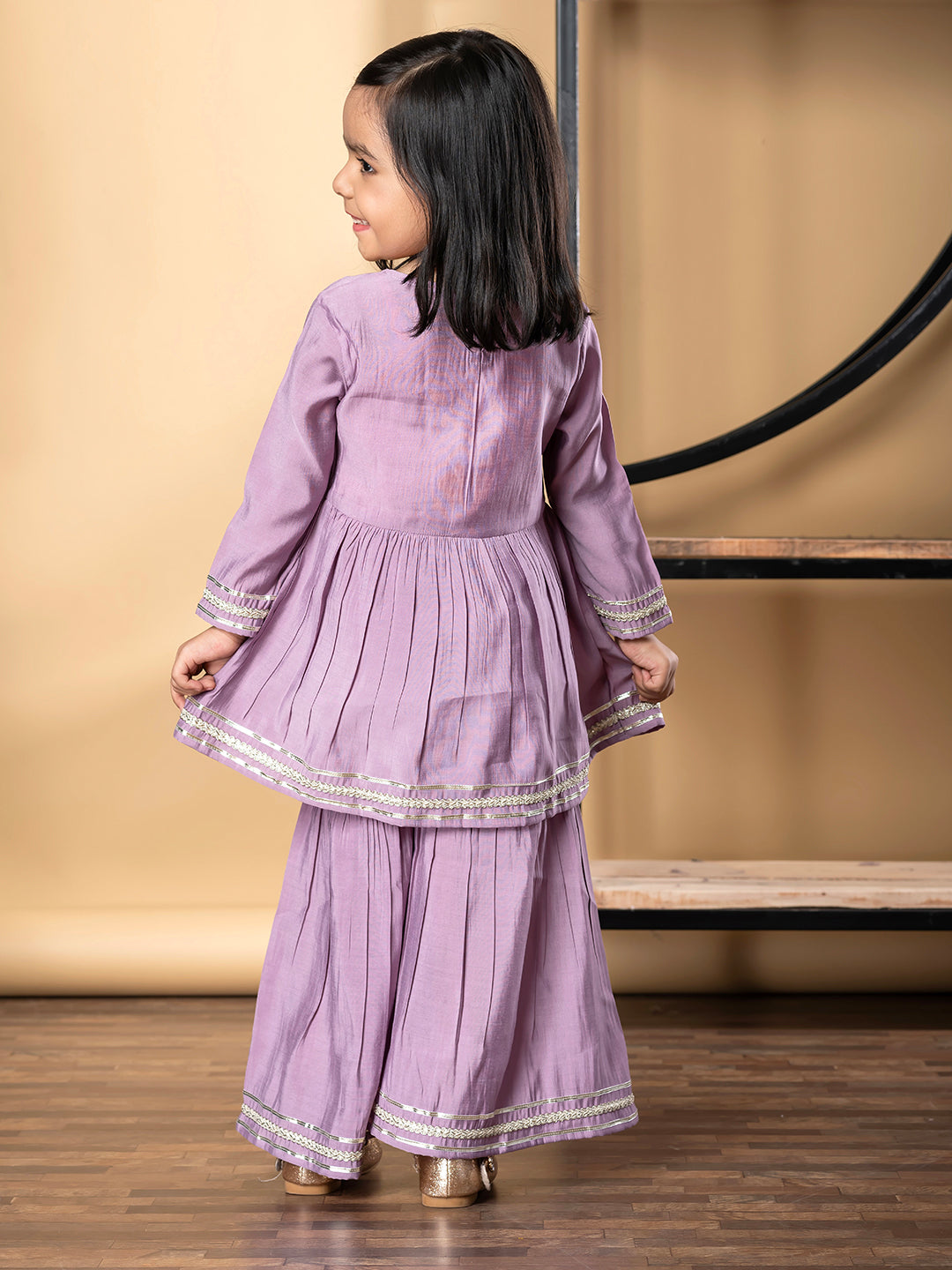 Girls Peplum Style Roman Silk Fabric Mauve Color Kurti With Sharara