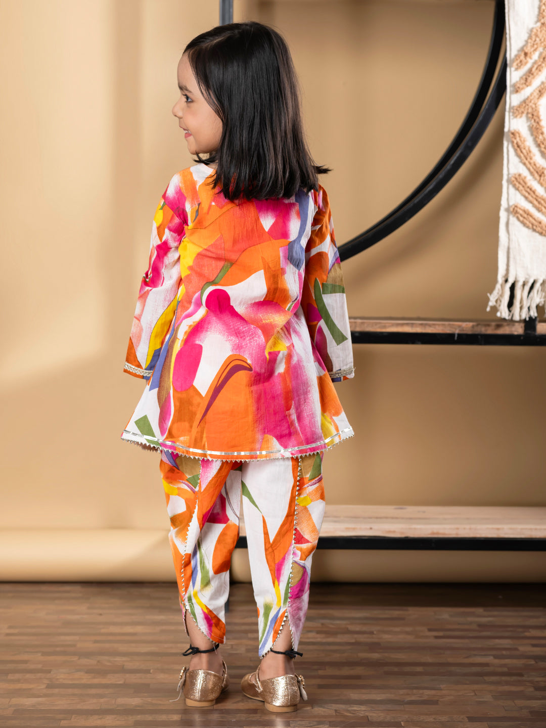 Girls Frock Style Cotton Fabric Orange Color Kurti With Dhoti