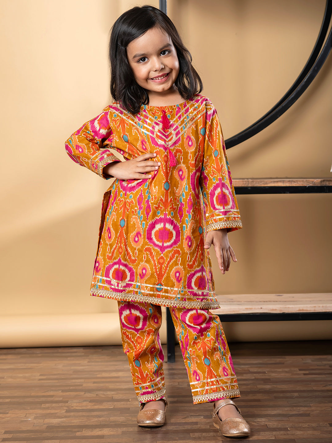 Girls Straight Style Cotton Fabric Multi Color Kurti With Palazzo
